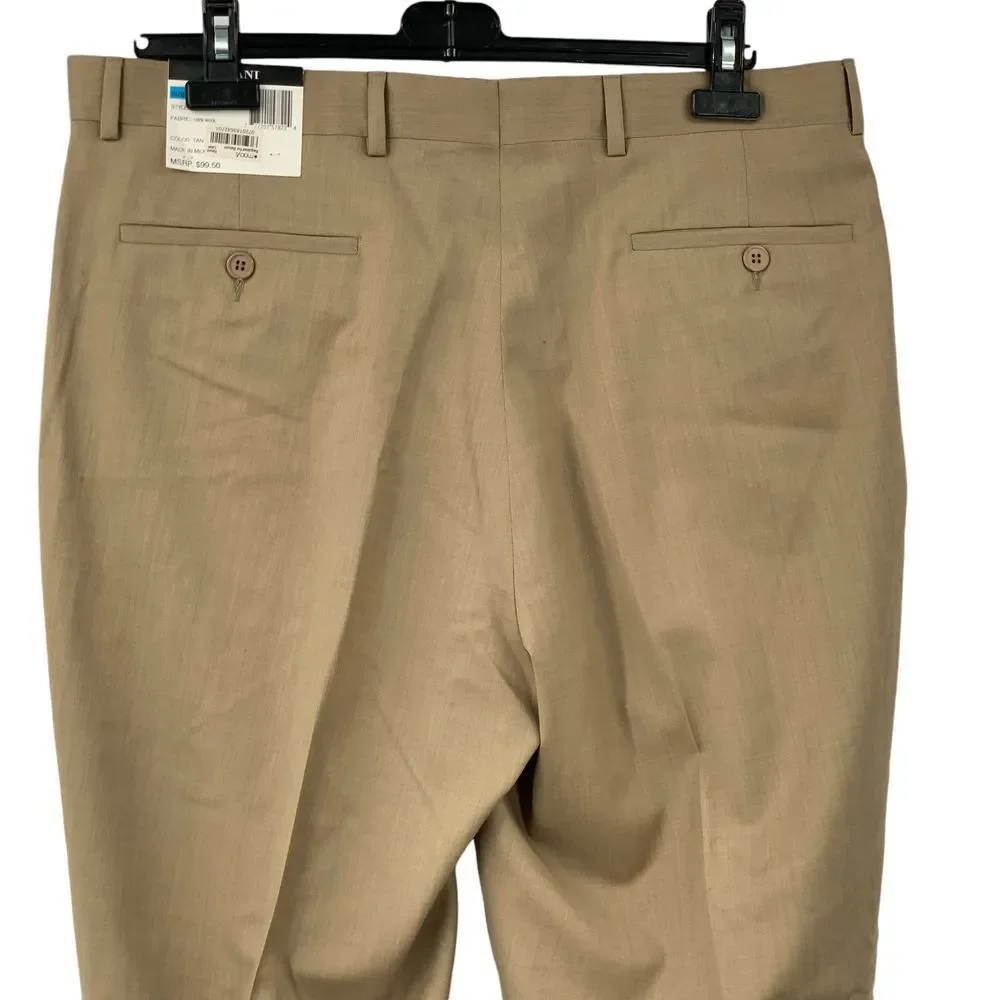 NWT Alfani Mens Flat Front Straight Leg Tan Wool Dress Pants Trousers Size 36x34